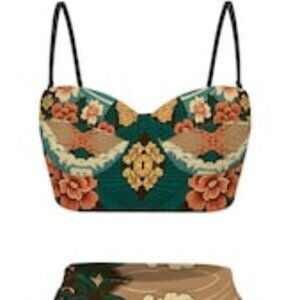 Vintage Style Bikini 2 Piece Hawaii Print Floral Hibiscus Waves Size XL
